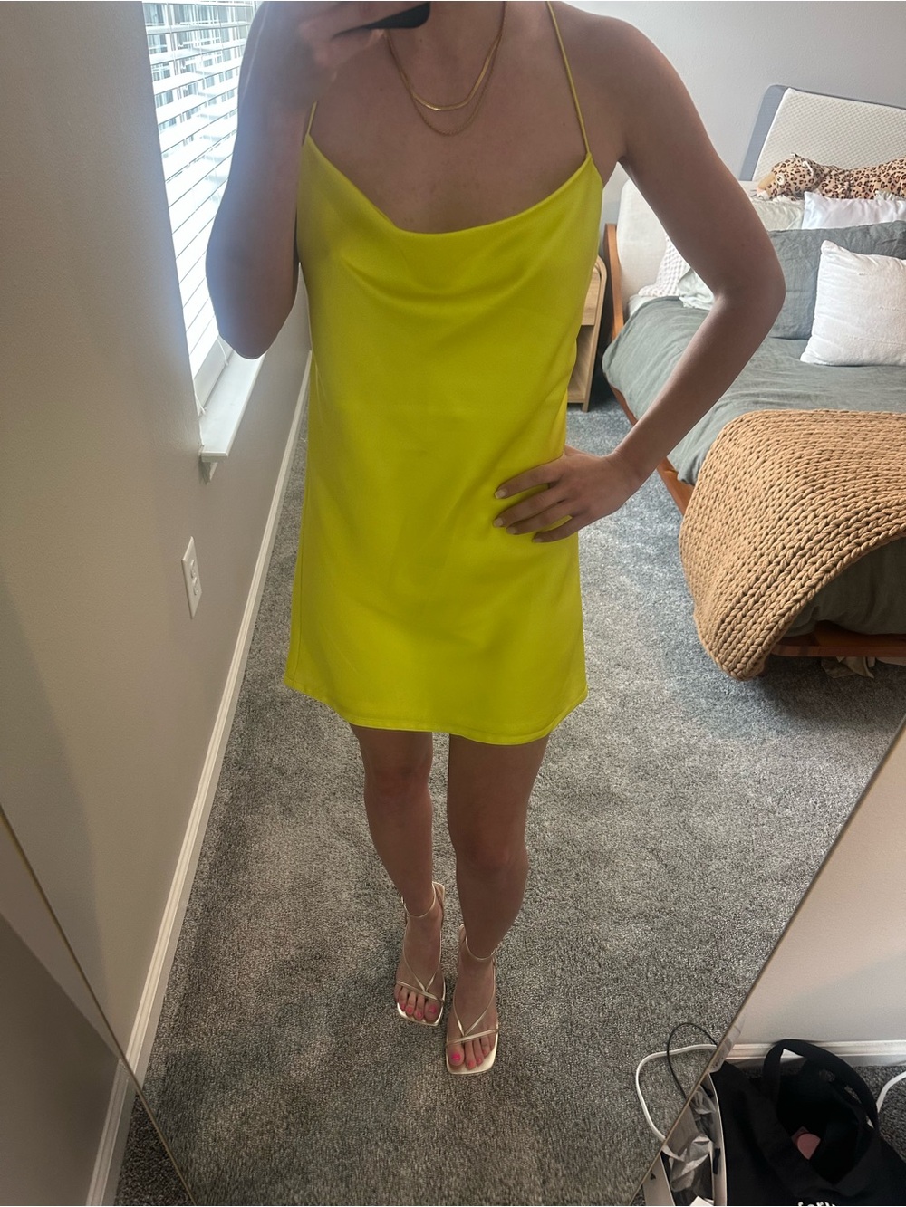 For Love & Lemons Neon Chartreuse Satin Slip Mini Dress XS